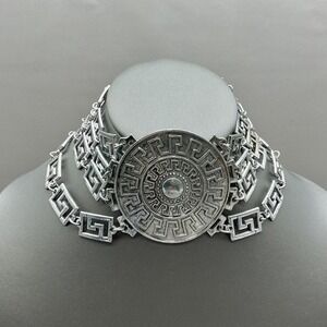 Versace For H&M Necklace Silver Greek Key Medallion Collar Statement Jewelry